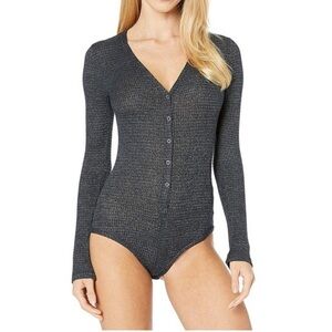 NEW Free People Keep Your Cool Waffle-Knit Bodysuit Charcoal Gray